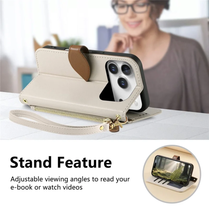 A-One Brand - iPhone 17 Pro Plånboksfodral Leaf Magnetiskt Spänne Konstläder - Beige