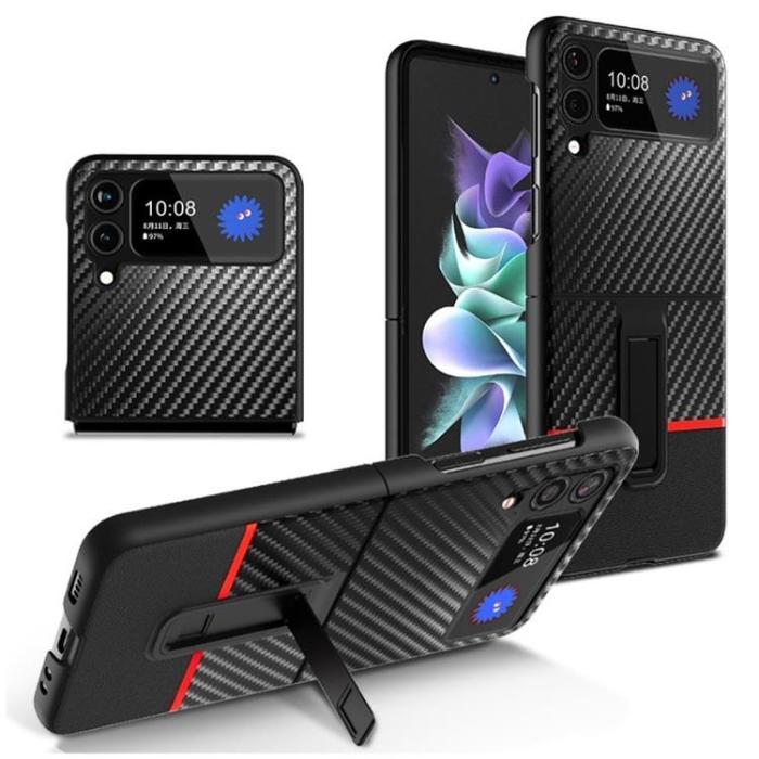 A-One Brand - Galaxy Z Flip 3 Skal Carbon Fiber Kickstand - Röd
