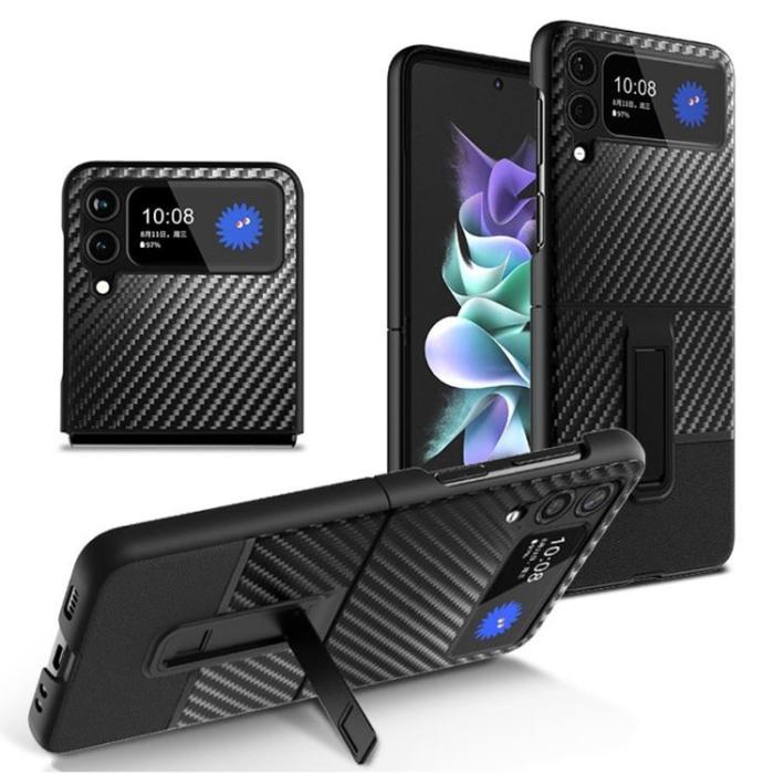 A-One Brand - Galaxy Z Flip 3 Skal Carbon Fiber Kickstand - Svart