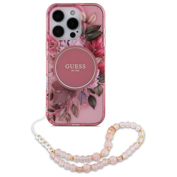 Guess iPhone 16 Pro Mobilskal MagSafe IML Flowers Med Pearl Strap - Rosa | 2353 | AlltMobil
