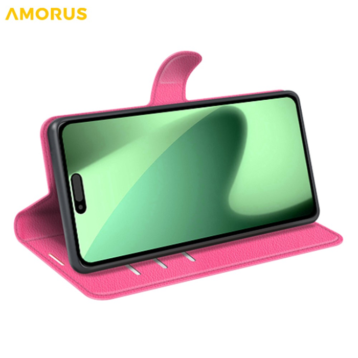 Amorus - AMORUS iPhone 17 Pro Plånboksfodral Flipstativ Litchi - Rose