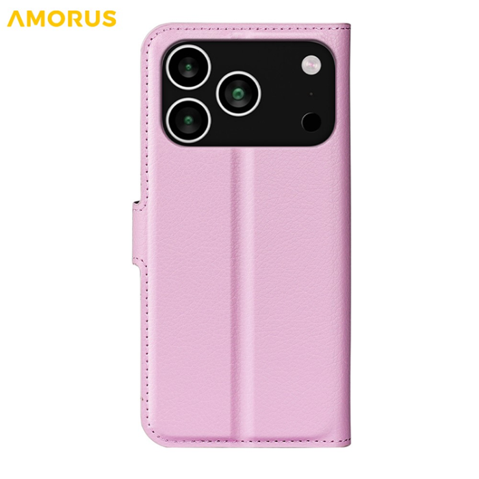 Amorus - AMORUS iPhone 17 Pro Max Plånboksfodral Flipstativ Litchi - Rosa