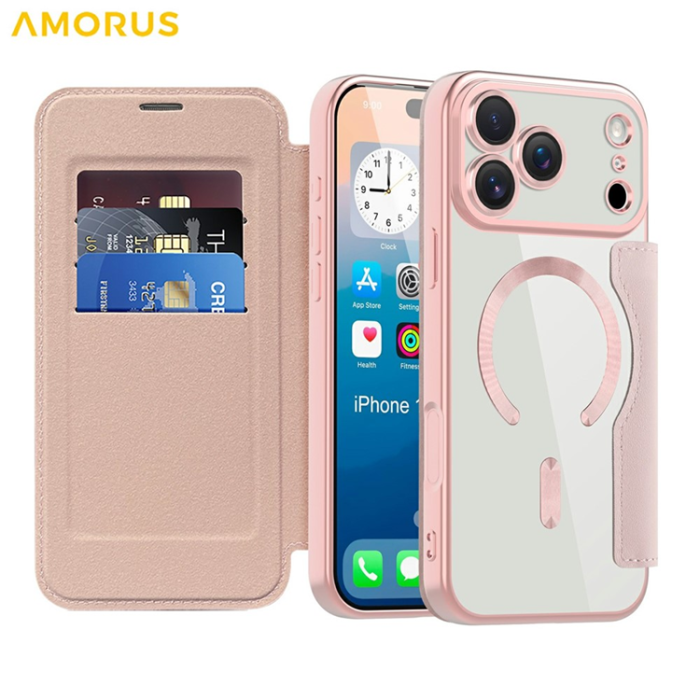 Amorus - AMORUS iPhone 17 Pro Max Plånboksfodral MagSafe RFID - Rosa