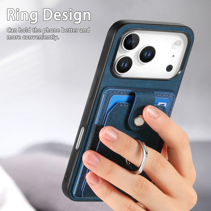 A-One Brand - iPhone 17 Pro Mobilskal med Korthållare Läder Kickstand - Blå