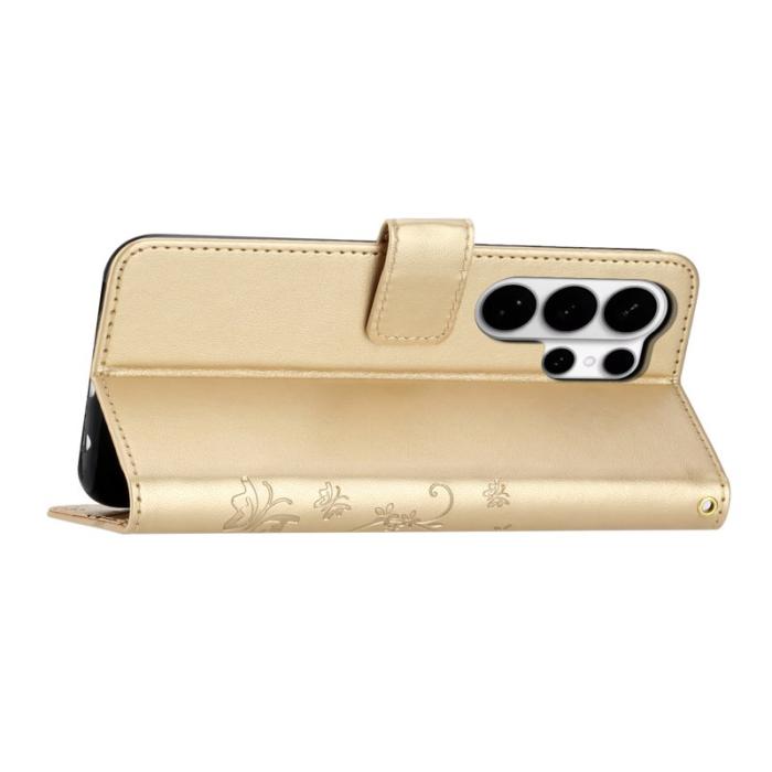 OEM - Samsung Galaxy S26 Ultra Fodral Äkta Läder Fjäril Blomma - Guld