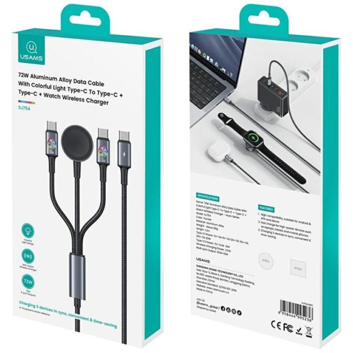 USAMS - USAMS USB-C till USB-C 72W Kabel med Trådlös laddare för Watch 1.2m Huan SJ754