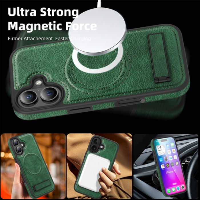 A-One Brand - iPhone 17 Mobilskal MagSafe Kickstand Läder - Svartgrön