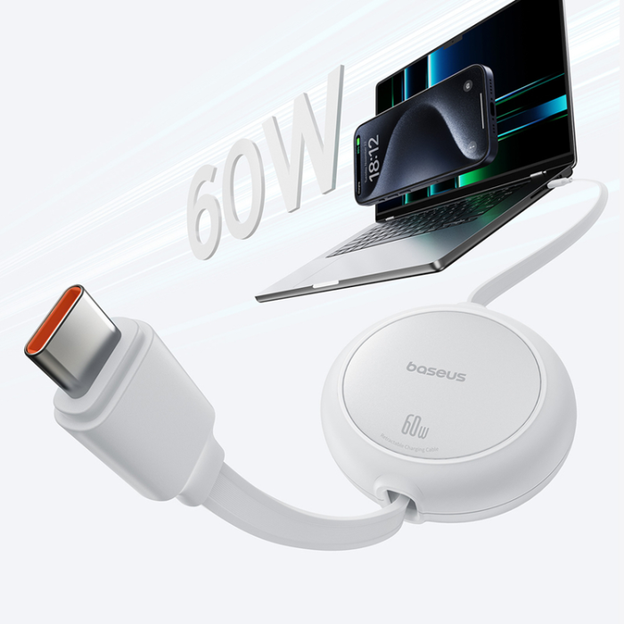 BASEUS - Baseus Infällbar USB-C till USB-C 60W Kabel 1m Free2Pull - Vit