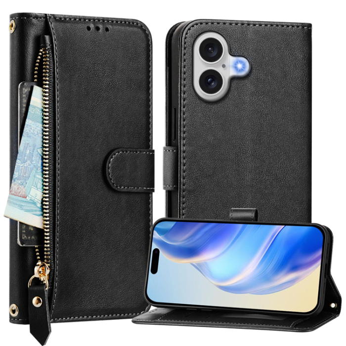 A-One Brand - iPhone 17 Plånboksfodral Zipper Pocket Läder - Svart