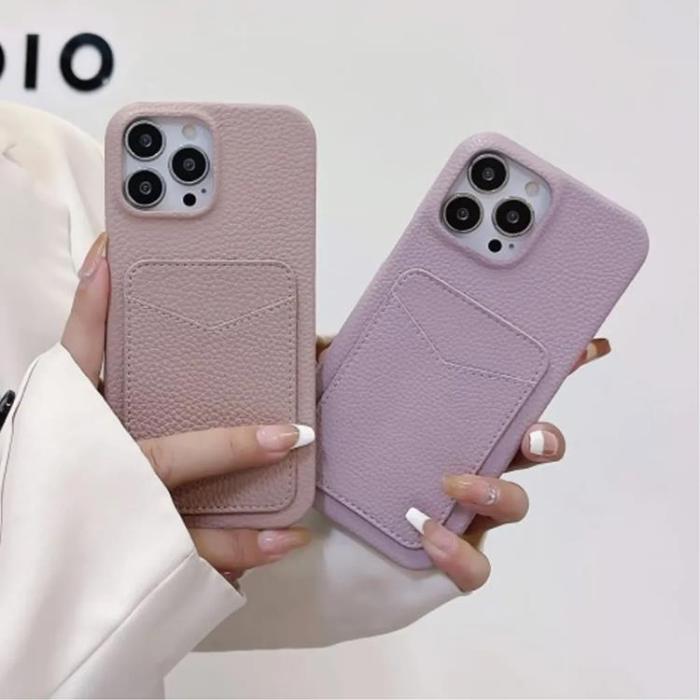 Taltech - iPhone 15 Mobilskal Korthållare Litchi Texture - Grå