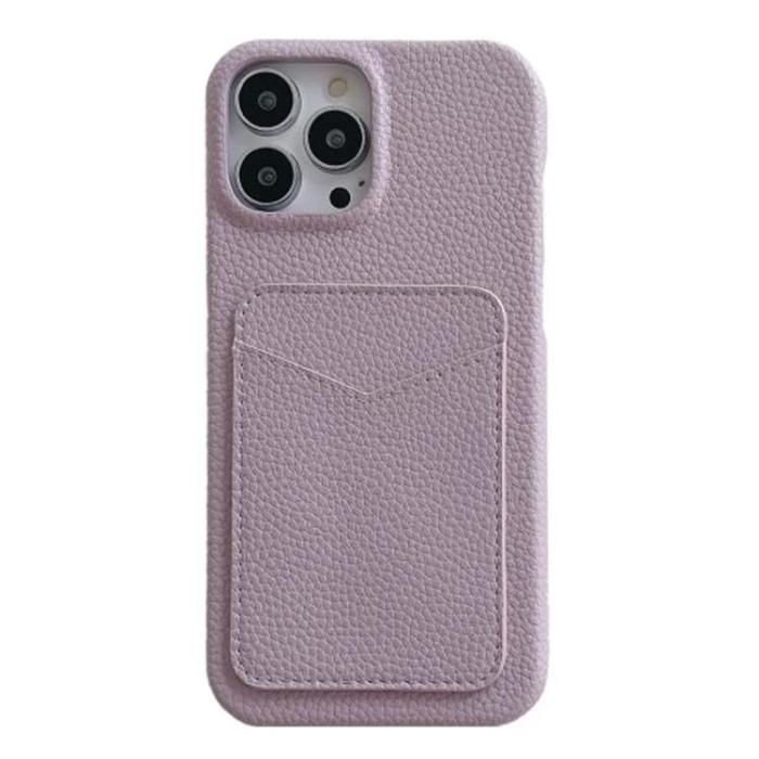 Taltech - iPhone 15 Mobilskal Korthållare Litchi Texture - Ljuslila