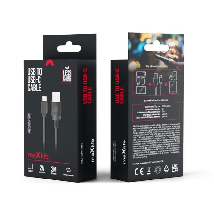 Maxlife - Maxlife USB-C till USB-A kabel 3m 2A - Svart