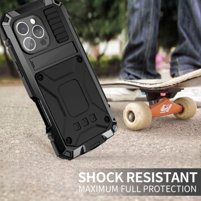 R-JUST - R-JUST Mobilskal till iPhone 16 Pro PC+Silicone+Metal Ställ - Svart