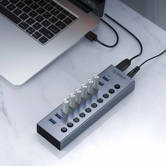 ORICO - Orico Hubb 16xUSB-A 3.0 med Strömbrytare - Grå