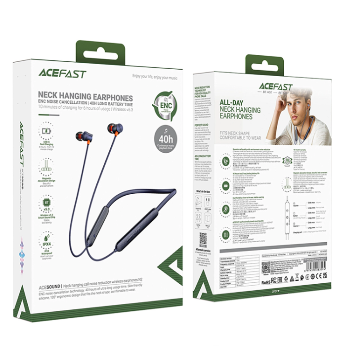 Acefast - Acefast In-Ear Hörlurar Trådlösa Bluetooth 5.3 ENC Halslinning - Blå