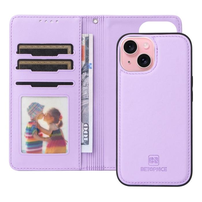BETOPNICE - BETOPNICE iPhone 15 Plånboksfodral Magnetiskt Avtagbart Konstläder - Lila
