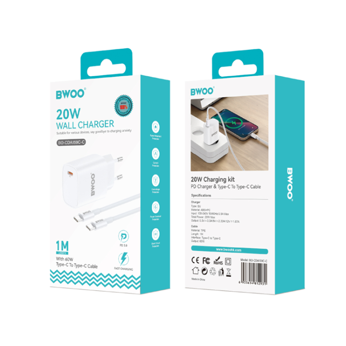 BWOO - BWOO Väggladdare 20W + Kabel USB-C Till USB-C 1m - Vit