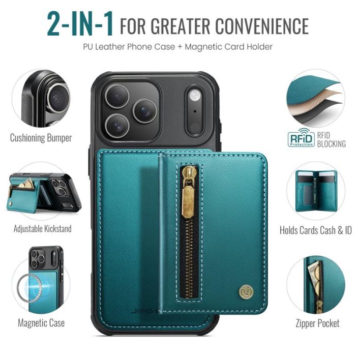 JEEHOOD - JEEHOOD J12 Plånboksfodral för iPhone 17 Pro Konstläder Blå