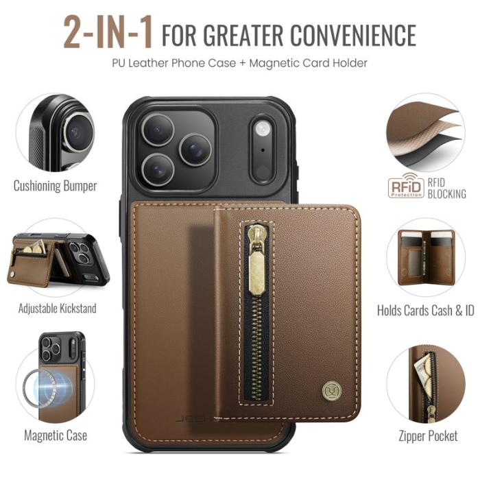 JEEHOOD - JEEHOOD J12 Plånboksfodral iPhone 17 Pro Magnetisk Konstläder Brun