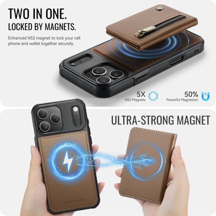JEEHOOD - JEEHOOD J12 Plånboksfodral iPhone 17 Pro Magnetisk Konstläder Brun