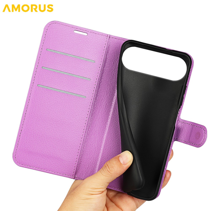 Amorus - AMORUS iPhone Air Plånboksfodral Flipstativ Litchi - Lila