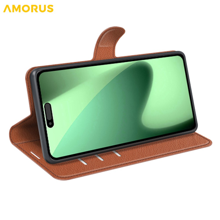 Amorus - AMORUS iPhone 17 Pro Plånboksfodral Flipstativ Litchi - Brun