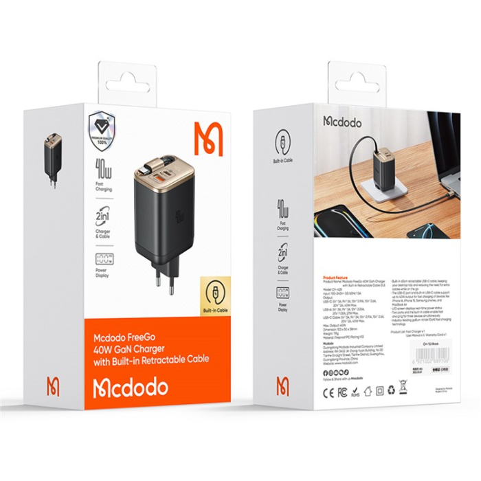 Mcdodo - MCDODO Snabbladdare USB-A/USB-C 40W Infällbar USB-C Kabel EU