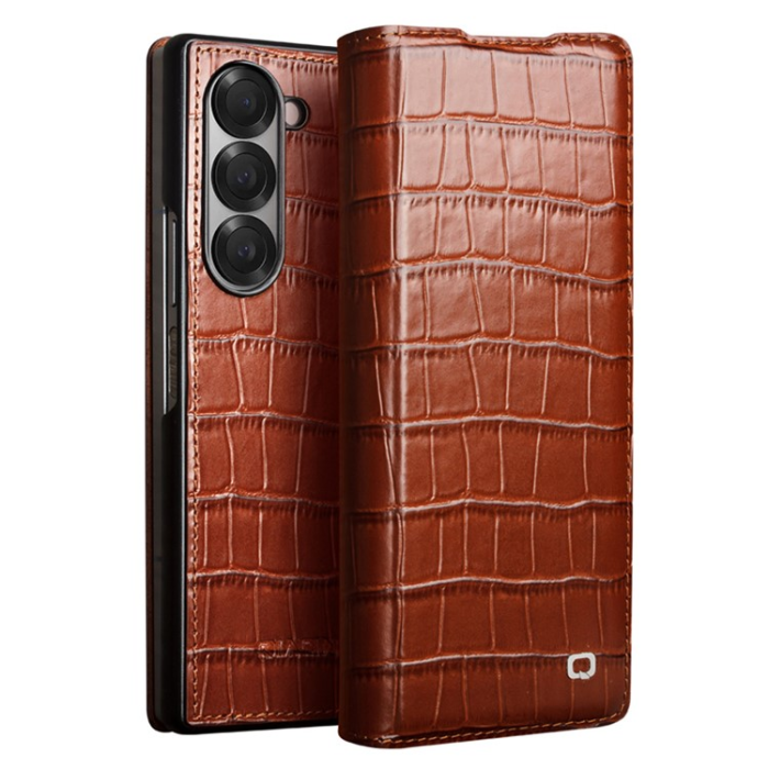 QIALINO - QIALINO Galaxy Z Fold 6 Fodral Äkta Läder Cowhide Crocodile