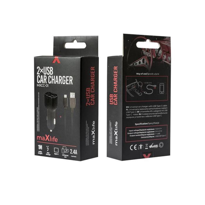 Maxlife - Maxlife Billaddare 2x USB 2.4A med USB-C Kabel MXCC-01
