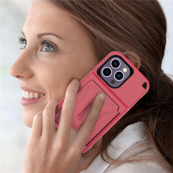 OEM - iPhone 14 Pro Skal Korthållare Mirror Kickstand - Röd