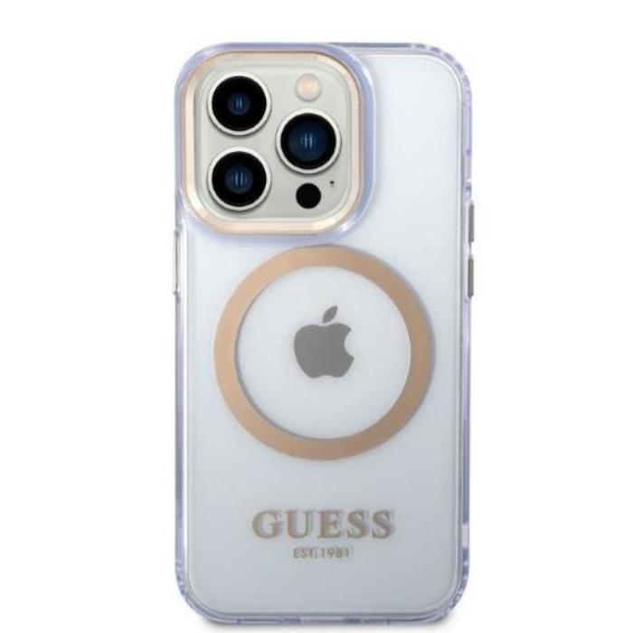 Guess - Guess iPhone 14 Pro Mobilskal MagSafe Guld Outline Translucent - Lila