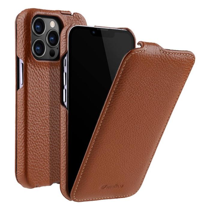 Melkco - MELKCO iPhone 12 Pro Max Vertikalt Flipfodral Äkta Läder + PC Brun