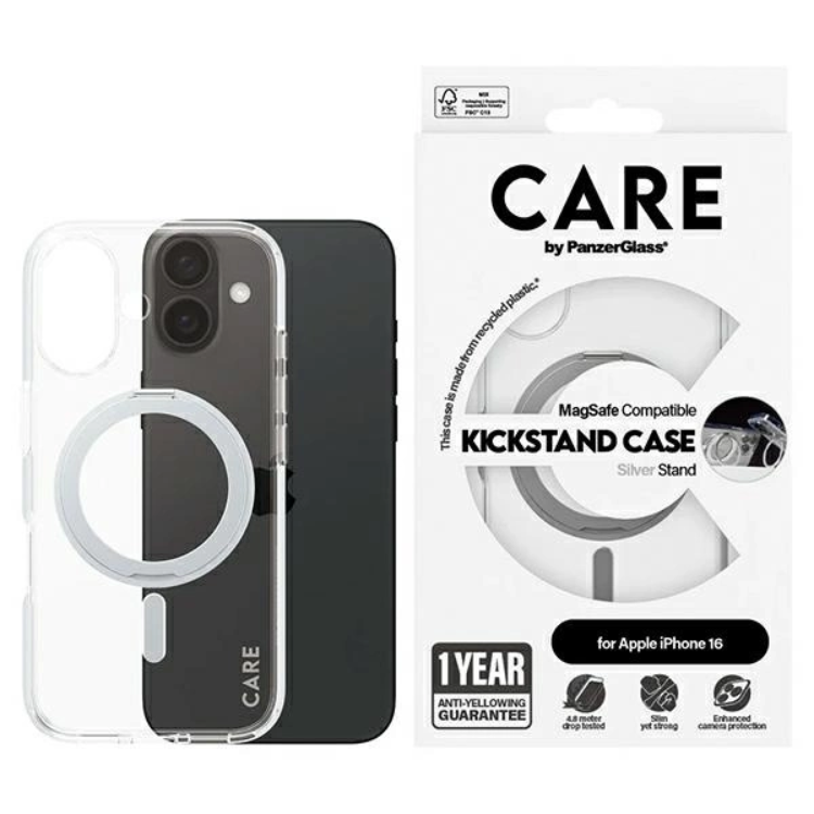 CARE By PanzerGlass iPhone 16 Mobilskal MagSafe Kickstand - Silver | 2353 | AlltMobil