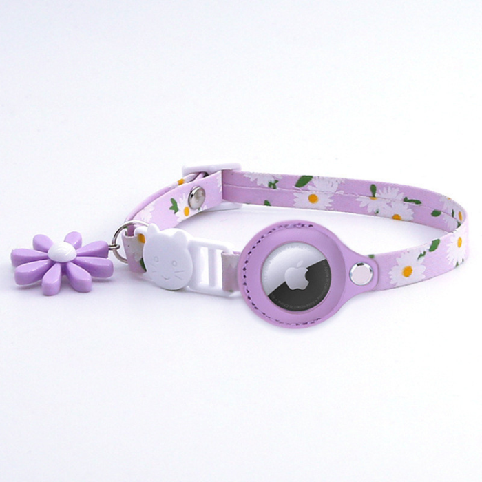 A-One Brand - Airtag Katt Halsband Blommönstrat PU-läder - Lila