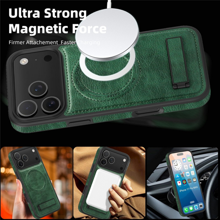 A-One Brand - iPhone 17 Pro Max Mobilskal MagSafe Kickstand Läder - Svartgrön