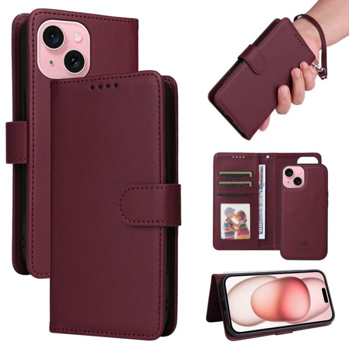 BETOPNICE - BETOPNICE iPhone 15 Plånboksfodral Magnetiskt Detachable Konstläder - Vinröd