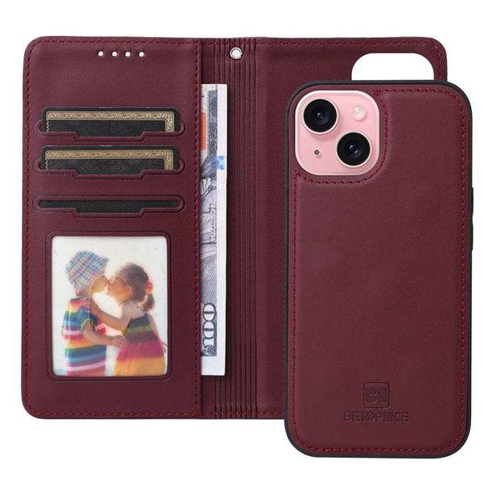 BETOPNICE - BETOPNICE iPhone 15 Plånboksfodral Magnetiskt Detachable Konstläder - Vinröd