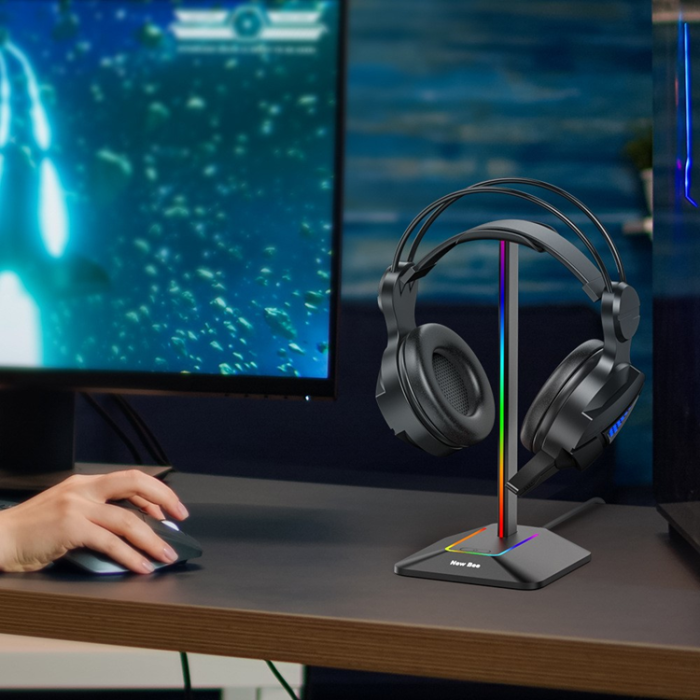 A-One Brand - NEW BEE RGB-Ljus Hörlursställ med USB, Typ-C Expansionshub Z8 - Svart