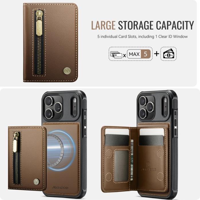 JEEHOOD - JEEHOOD J12 Plånboksfodral iPhone 17 Pro Magnetisk Konstläder Brun