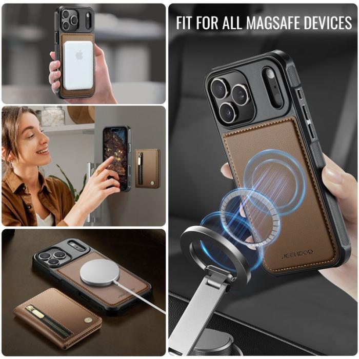JEEHOOD - JEEHOOD J12 Plånboksfodral iPhone 17 Pro Magnetisk Konstläder Brun