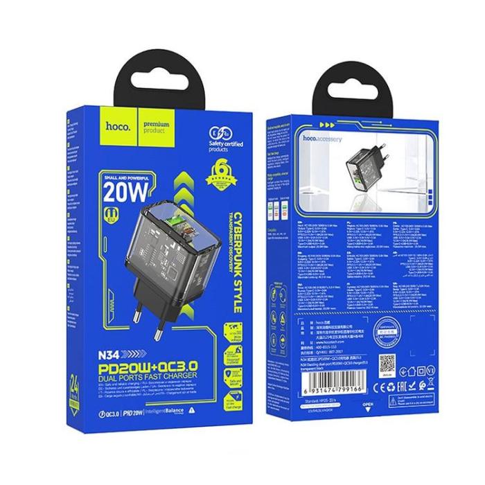 Hoco - Hoco Snabbladdare PD 20W USB-A USB-C QC3.0 3A N34 - Svart