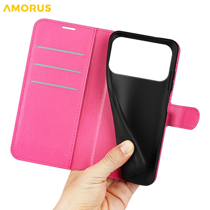 Amorus - AMORUS iPhone 17 Pro Plånboksfodral Flipstativ Litchi - Rose