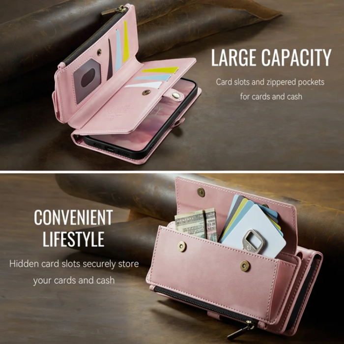 Caseme - Caseme iPhone 16e Plånboksfodral RFID Blocking Zipper - Rosa