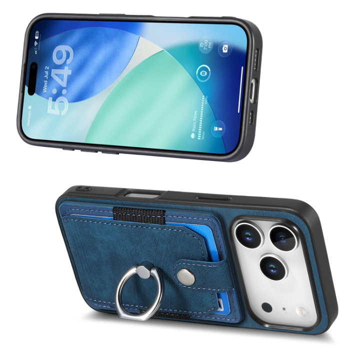 A-One Brand - iPhone 17 Pro Mobilskal med Korthållare Läder Kickstand - Blå