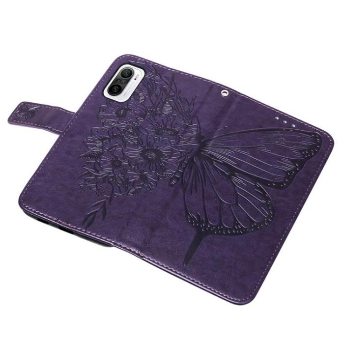 A-One Brand - Butterfly Flower Imprinted Plånboksfodral Xiaomi 12 Pro - Mörklila