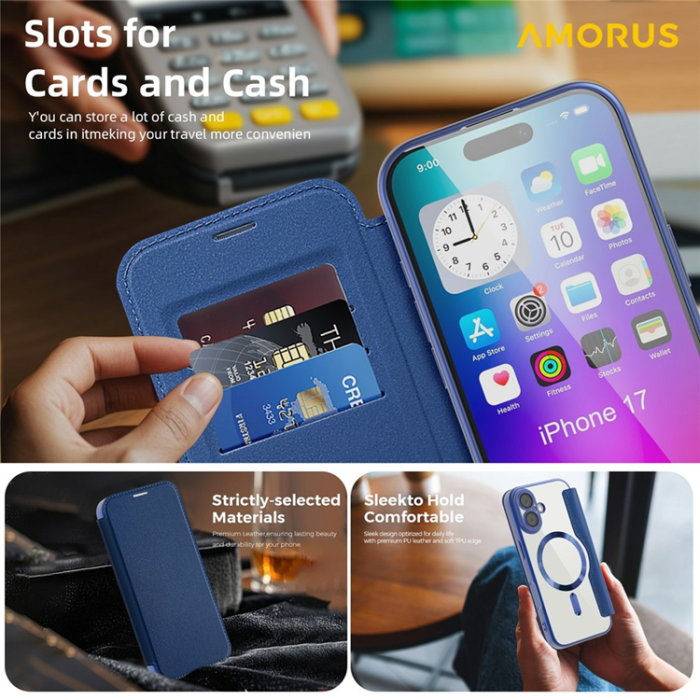 Amorus - AMORUS iPhone 17 Plånboksfodral MagSafe RFID Blocking - Sapphire