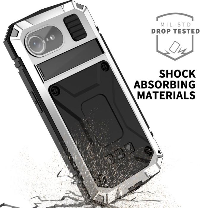 R-JUST - R-JUST Mobilskal till iPhone 16e PC + Silikon + Metall Ställ - Silver