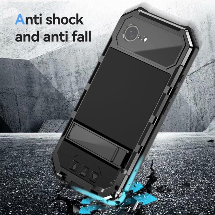 R-JUST - R-JUST Mobilskal till iPhone 16e PC + Silikon + Metall Ställ - Svart