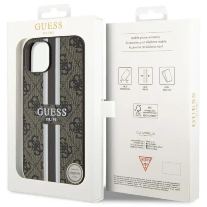 Guess - Guess iPhone 14 Plus Mobilskal MagSafe Printed Stripes Brun