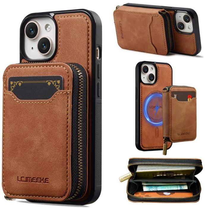 LC.imeeke - LC.IMEEKE L6 iPhone 15 Plånboksfodral Magnetiskt Konstläder - Brun